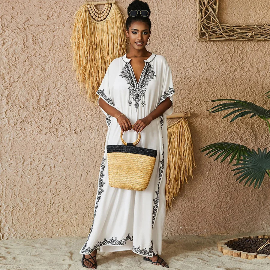 Kaftan Dress Womens Swimsuit Set Plus Size Beach Caftan Cover Ups Swimsuit Embroidery 250324