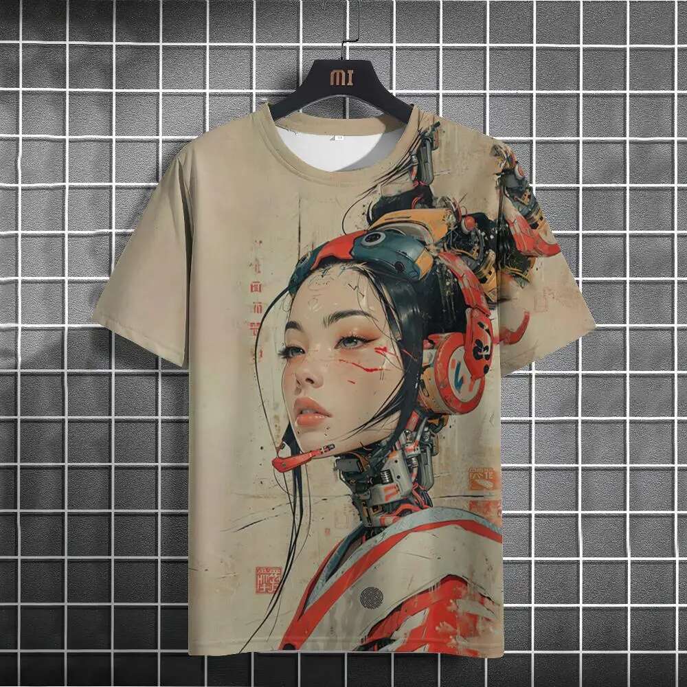Men's Japanese T-shirt, mechanical character pattern T-shirt, short sleeved printed T-shirt, men's oversized jacket