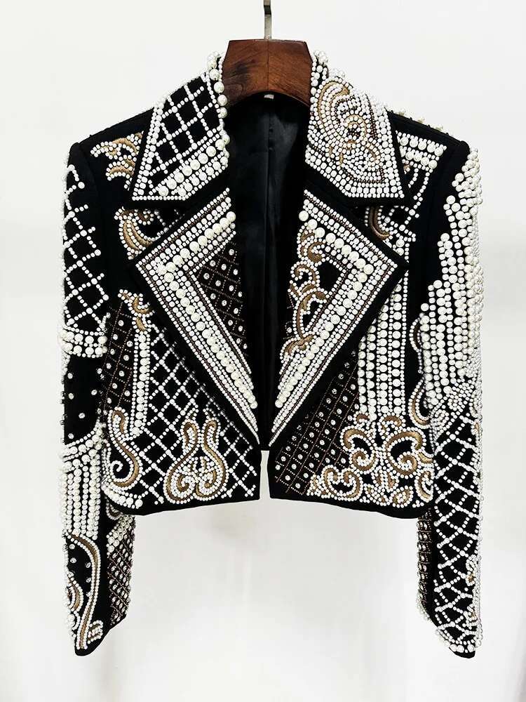 HIGH STREET Newest 2025 Stylish Designer Fashion Women's urious Dias Pearls Embroidered Beaded Cropped Veet Jacket