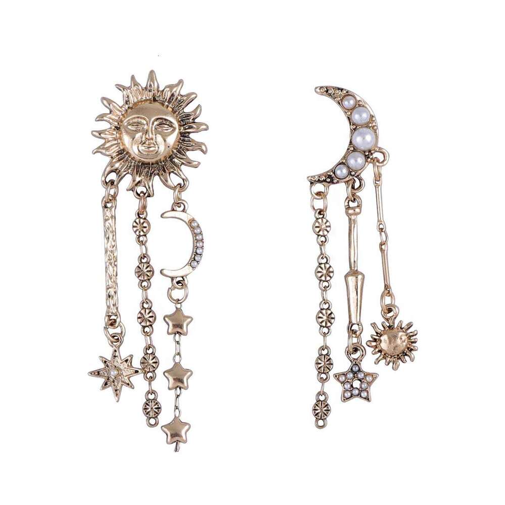 Bold Celestial Earrings Trendy Geometric Sun Moon Star Dangle Earrings with Fringe for Women