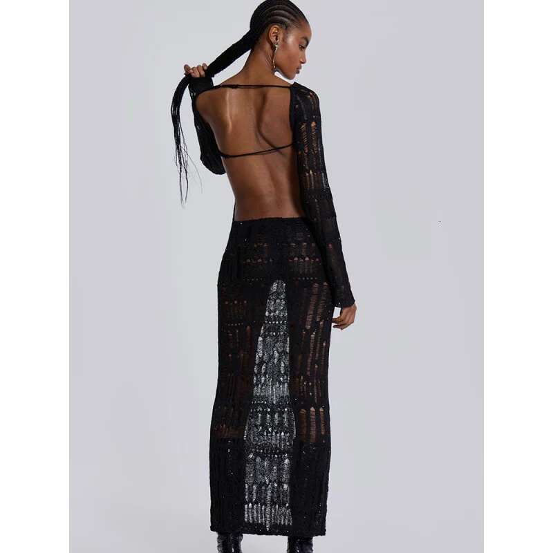 Dongdumaoyi Lente Nieuwe Sexy Backless Uitgeholde Pure Lange Mouwen Slim Fit Elegante Damesjurk