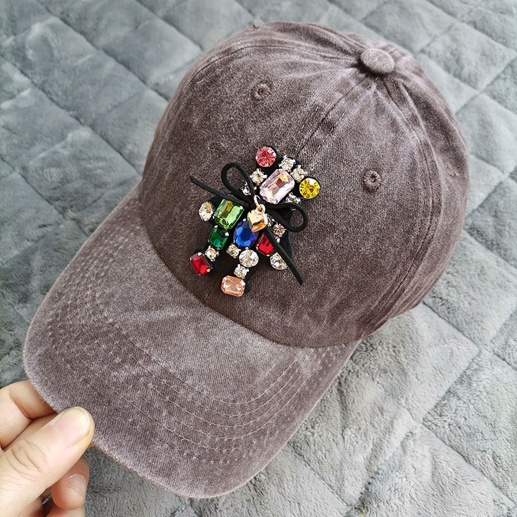 Cute Shiny Rhinestone Teddy Bear Washed Baseball Cap Spring And Autumn Internet Celebrity Thin Sunshade Soft Top Women's Duck Tongue Hat