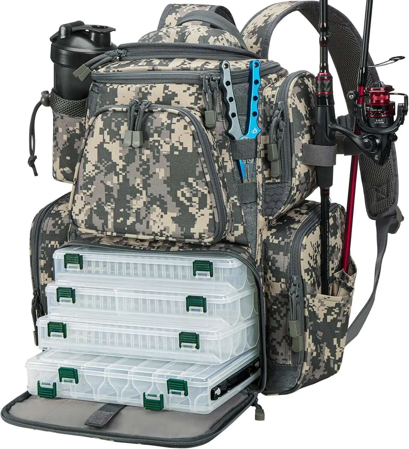 Backpack 4 Trays, Large Outdoor Storage Tackle Bag With Protective Rain Cover For Fishing Gear