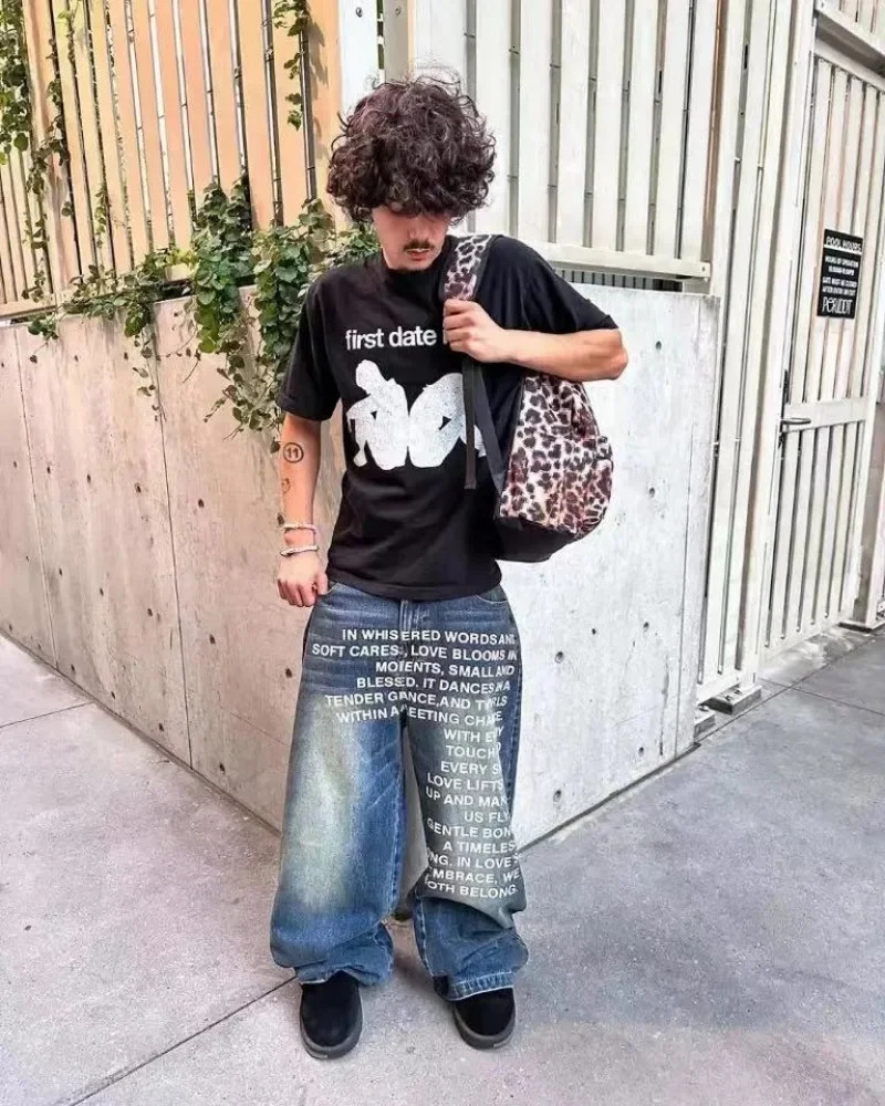 Spring and summer fashion rock letter printing oversized jeans for women Y2K street loose high waisted wide leg pants couple style 250321