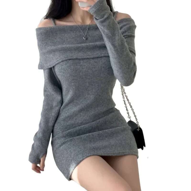 Knitted Chic Dress Sexy Korean Shoulder Bared Belted Ribbed Wrap around Mini Skirt for Small Figures Stylish Autumn Winter