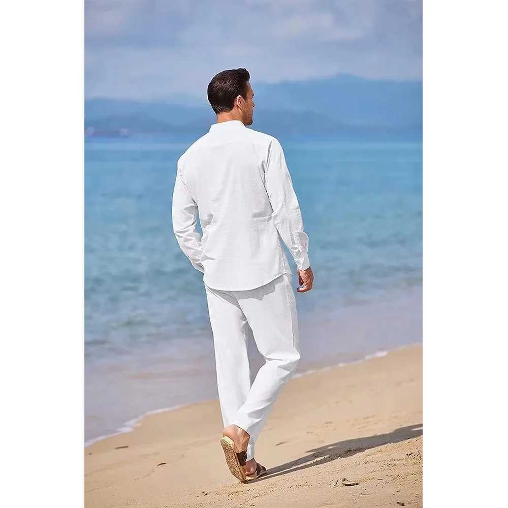Mens casual cotton linen two-piece beach retro basic shirt and pants solid color casual set mens Hawaiian track and field setXJ250326