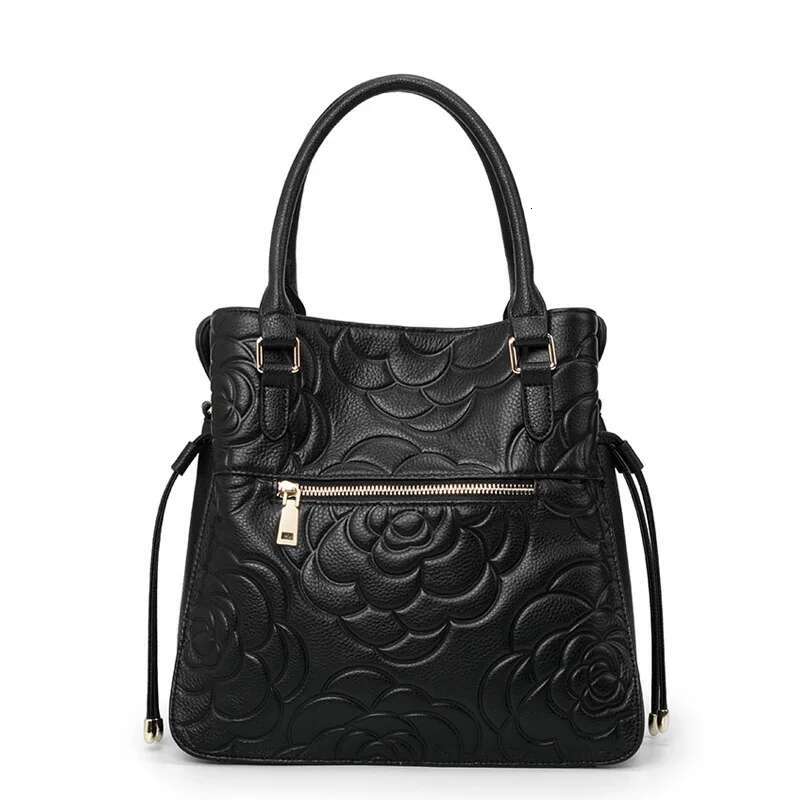 Aidrani Fashion Genuine Leather Large Capacity Women's Handbag Black Emed Cowhide Shoulder Bag