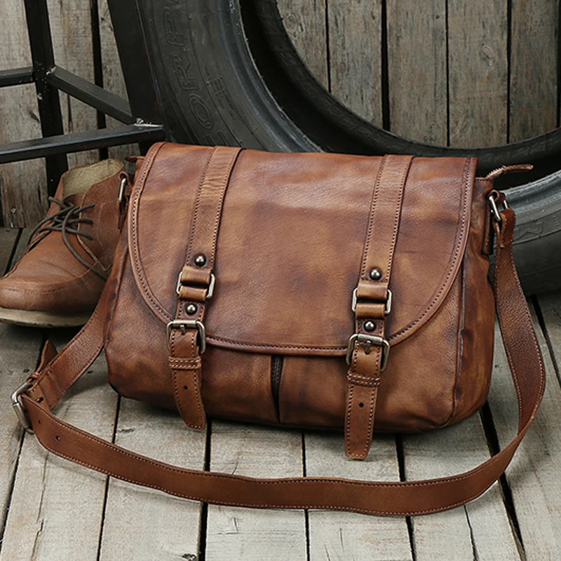 Retro leather messenger bag mens shoulder cross body casual suspender 250326