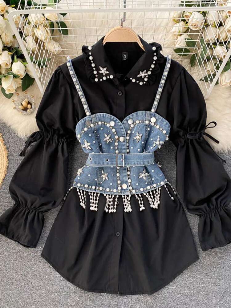 hoodie Spring Autumn New Blouse Women's Dia Beaded Puff Sleeve Blusa Top Tassel Pearl Sg Waistcoat Two-Piece Stacking Shirt C813 jacket