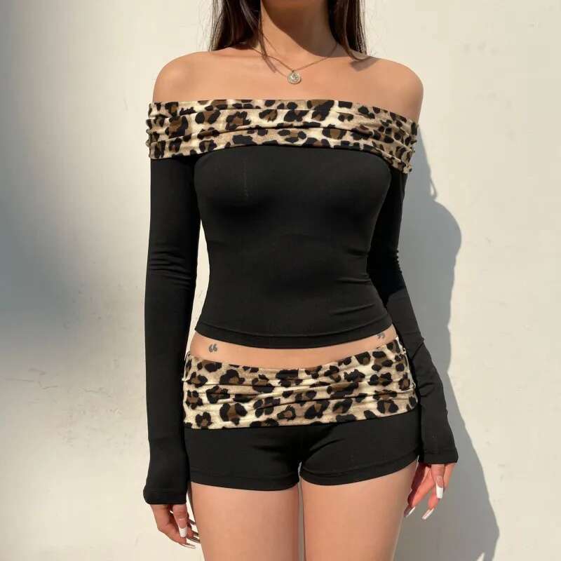 Ddmyshoesvip Sexy Women Leopard Off Shoulder T Shirt Autumn Spring Lady High Elasticity Long Sleeve Tops Y2K Girls Crop Top