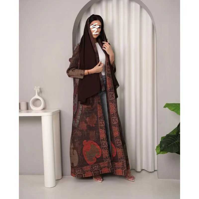 Womens Abaya Retro Printed Design Flip Collar Long Open Large Bow Tie Arab Womens Luxury Abaya 2025 X250327