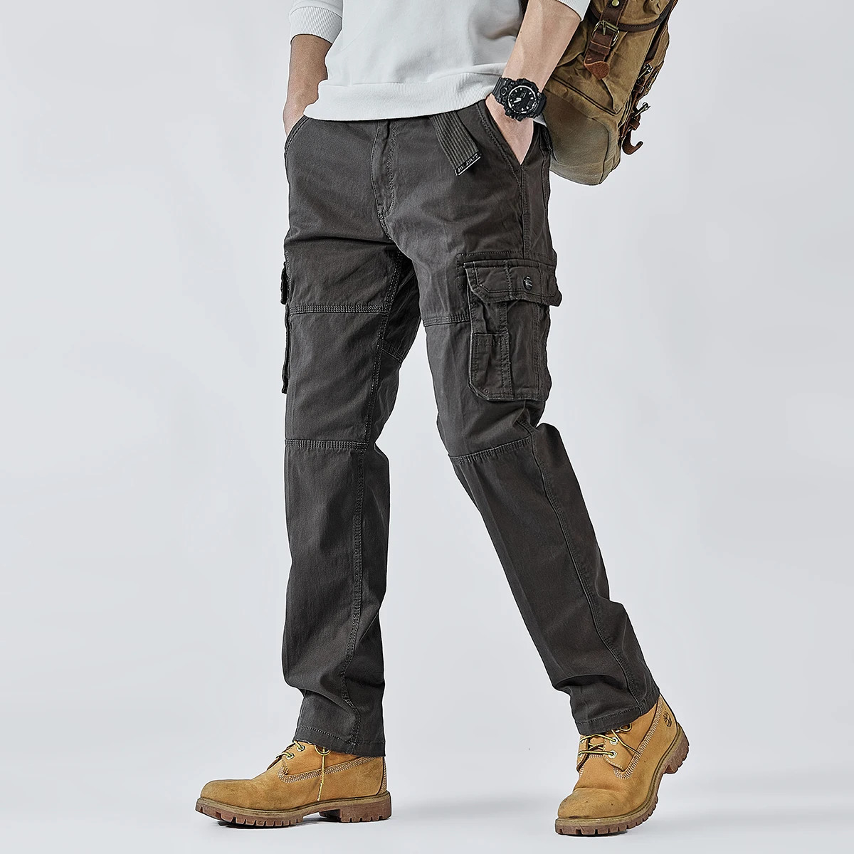 mens cargo pants straight leg cotton stretch tactical Trouser military outdoor camping fishing casual work clothes khaki 250327