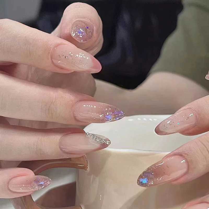 24pcs gradient pink fake nails long almond fake nails pearl sparkling design wearable handmade nail tip pressXJ250327