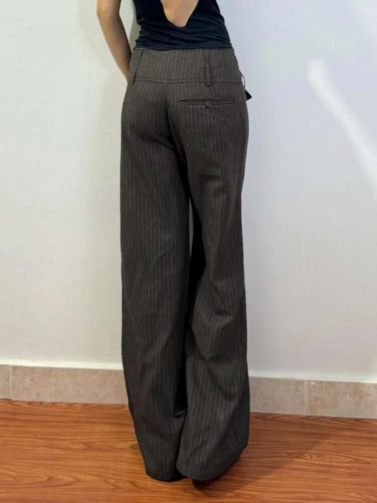 Deeptown Elegant Vintage Striped Straight Women American Retro Office Ladie Casual Loose Patchwork Wide Leg Pants 2025 Y2k