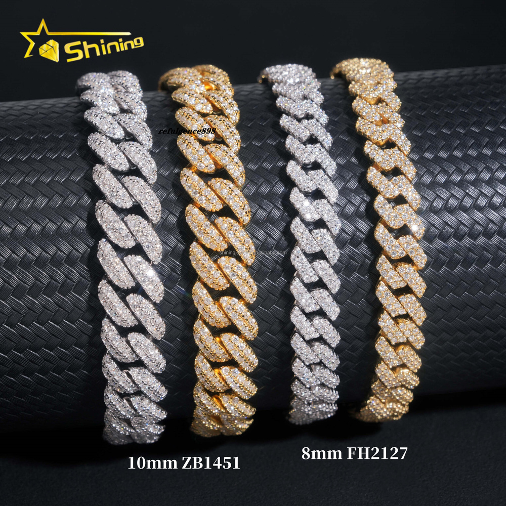 Wholesale Price Hip Hop Men Moissanite Bracelets 925 Sterling Silver 8MM 10MM 2 Rows Iced Out Moissanite Cuban Bracelet