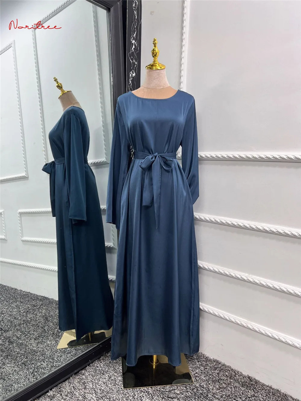 Fashion Satin Sliky Djellaba Muslim Dress Dubai Full length Shiny Sleeve Soft Abaya Islamic Gown WY921 250326