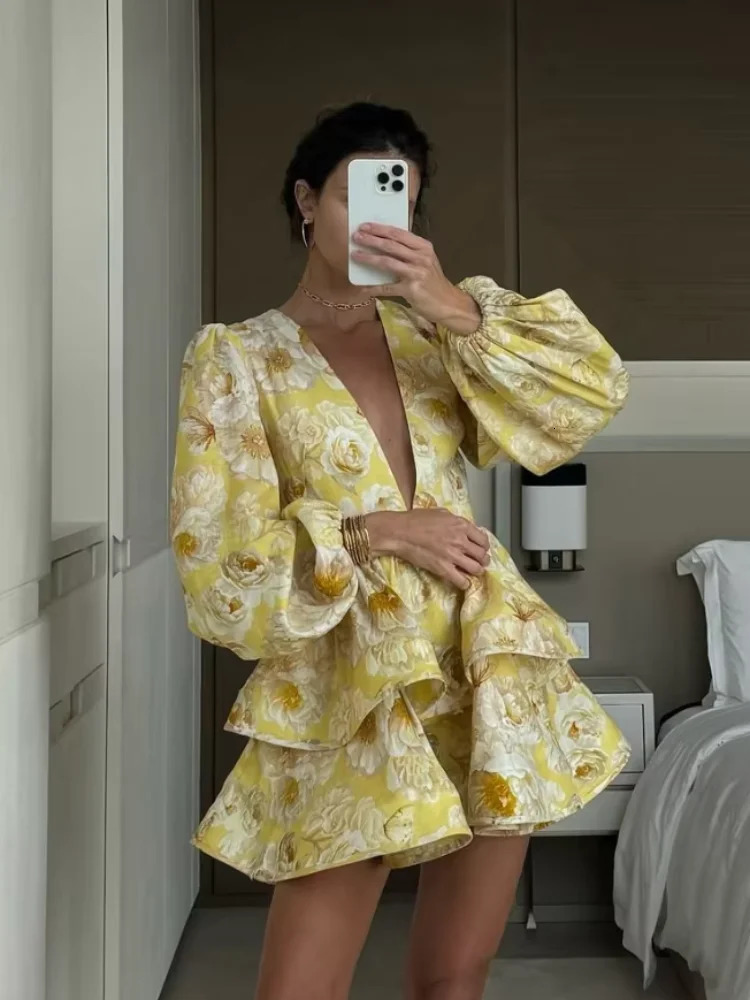 Printed Ruffled Hem Deep V-neck Puffy Dress Long Lantern Sleeve Elegant Vacation Party Short Dresses Colorful Spring Robe 250326