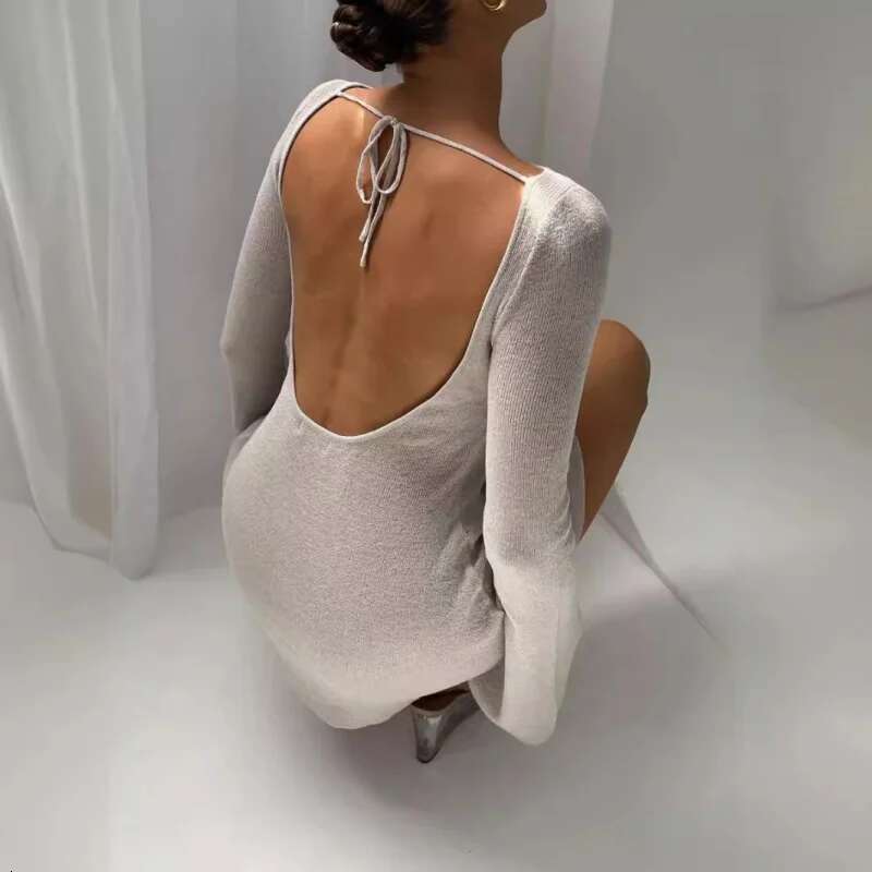 Dongdumaoyi Nieuwe Damesmode Effen Kleur Backless Gebreide Mini Jurk Korte Rok Lange Mouw C