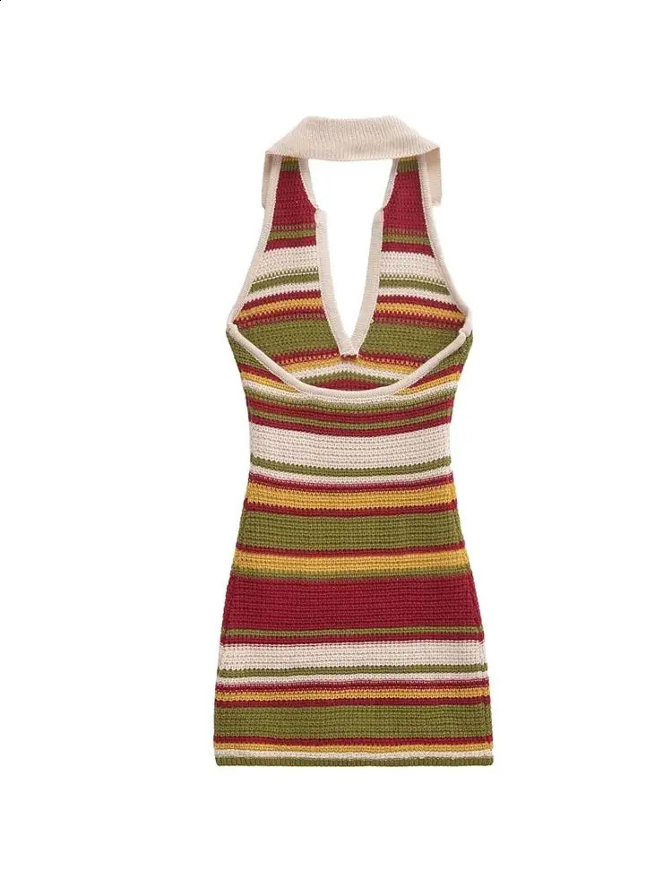 TRZA-Womens Striped Crochet Knit Mini Dress Backless Halter Neck Female Dresses Sexy Fashion 250322