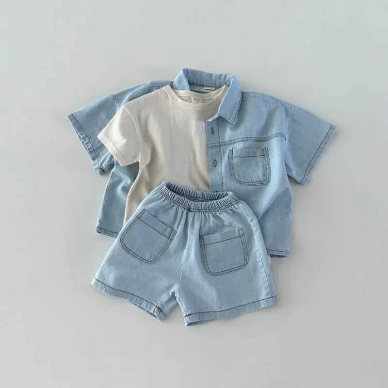 6856 Korean childrens clothing set summer new boy denim set short sleeved+shorts casual girl two-piece setT250327