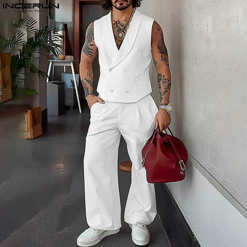 Mens Solid Color Collar SLeeveless Double Chest Tank Top and Pants 2PCS Streetwear 2024 Fashion Mens Casual Set S-5XLXJ250326