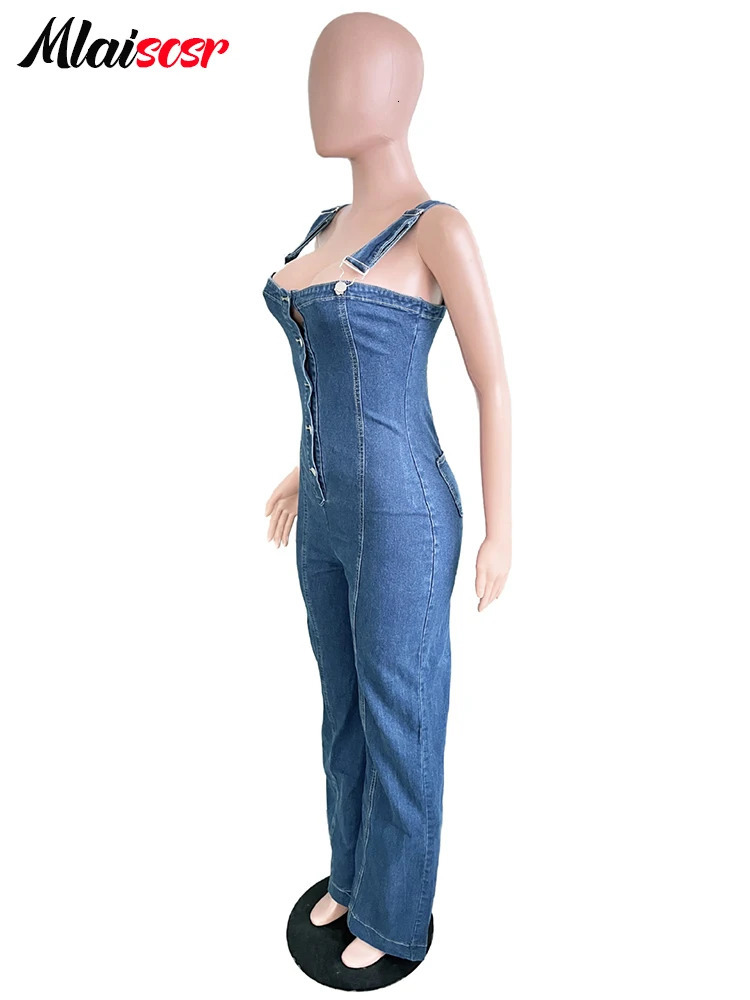 Mlaiscr streetwear womens jeans jumpsuit sleeveless button up wide leg pants denim one piece set 250326