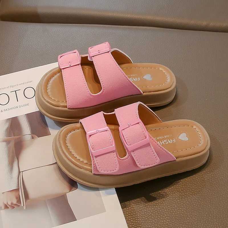 Slipper 2025 solid buckle childrens slider summer PU leather soft childrens slider leisure non slip childrens beach shoe slider S25326