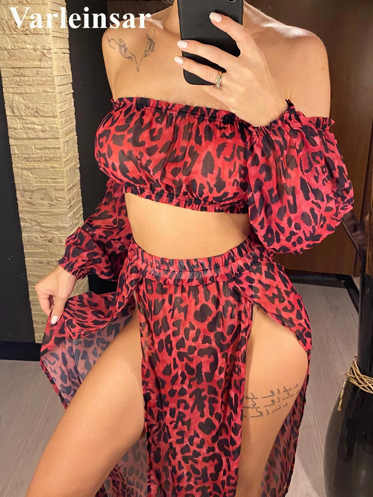 2025 Leopard Off Shoulder Long Sleeve 2piece Beach Cover Top Dress V3728 250326