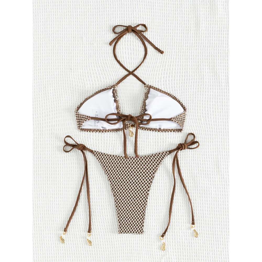 Grid Bikini Set for Women Solid Color 2 Piece Swimsuit Sexy Halter Lace-up Backless Thong Beach Vacation Swimwear 2025 New