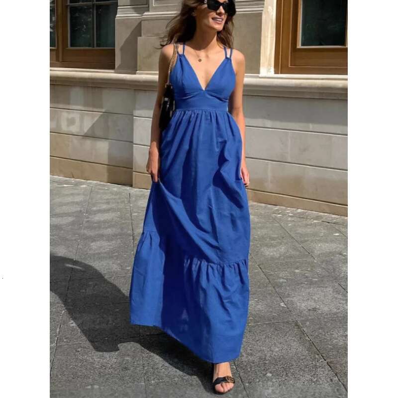 Dongdumaoyi Lente Zomer Nieuwe V Hals Backless Spaghetti Casual A Lijn Damesmode Jurk