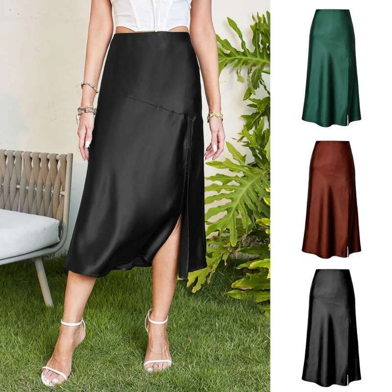 Dongdumaoyi Satijnen Midi Rok Met Hoge Taille Luxe Gladde Effen Maxi Split En Uitlopende Zoom A