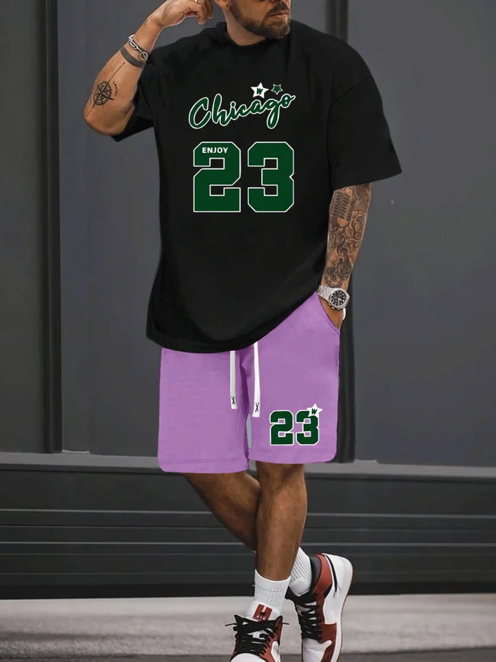 Mens 23 print set 2piece mens Tshirt shorts casual retro sportswear clothing 250326