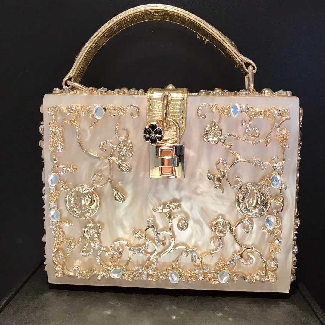 Crystal evening bag for women new hollow outer metal carving flower diamond handbag box fAshionable shoulder cross shaped bag Z250326