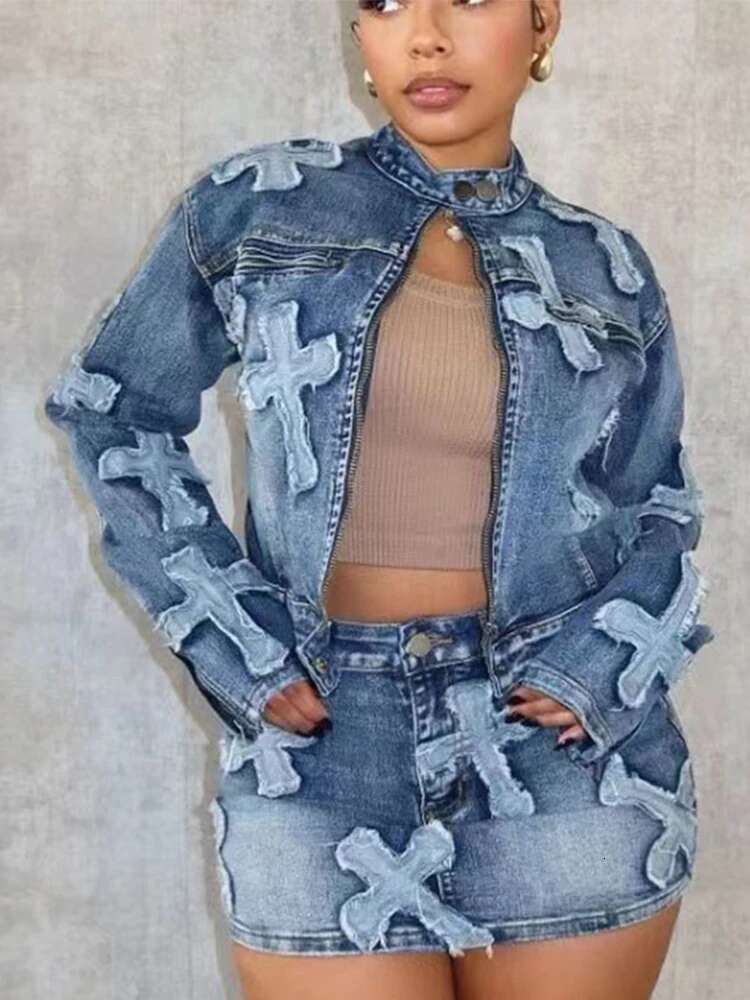 Patchwork Denim Jacket Skirt Suits Women Embroidery Zipper Long Sleeves Coat Mini Slim Skirts 2025 Spring Y2k Street Female Set