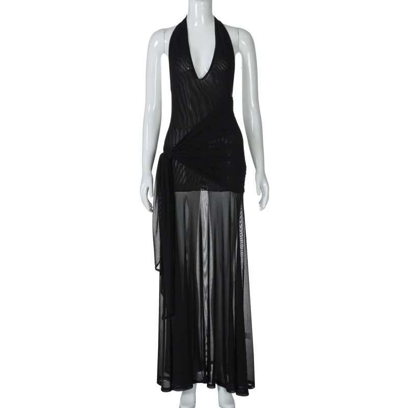 Dongdumaoyi Fashion Nieuwe Sexy Hollow Out Diepe V Halter Patchwork Mesh Zoom Side Taille Tie Vrouwen Jurk C
