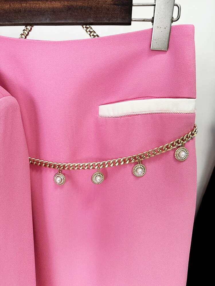 HIGH STREET Newest Fashion 2024 Designer Set Women's Color Block Slim Fitting Blazer Chains Midi Skirt Suit
