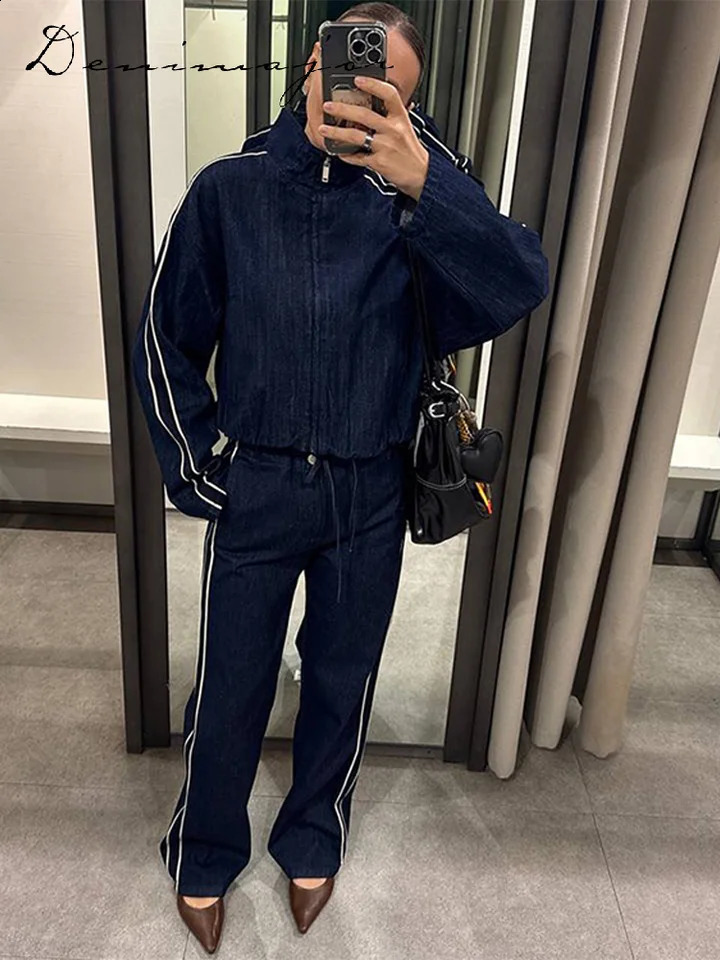 Street denim striped pants set womens long sleeved stand up collar pocket zipper jacket straight lace casual jeans 250326
