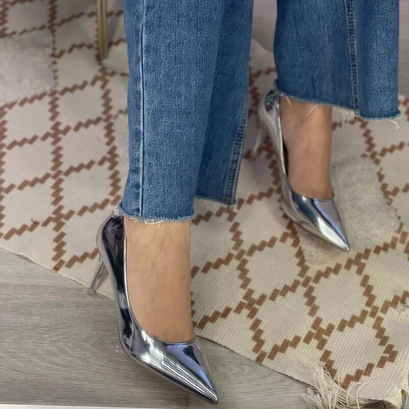 Women Patent Leather Pumps 7.5cm 10.5cm High Lady Stiletto Low Heels Wedding Bridal Mteallic Sier Gold Sparkly Shoes