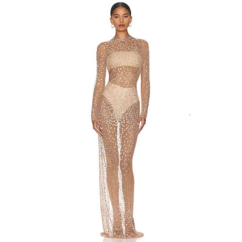 Dongdumaoyi Nieuwe Hot Fashion Sexy Strass Blouse Mesh Lange Mouw Split Jurk C