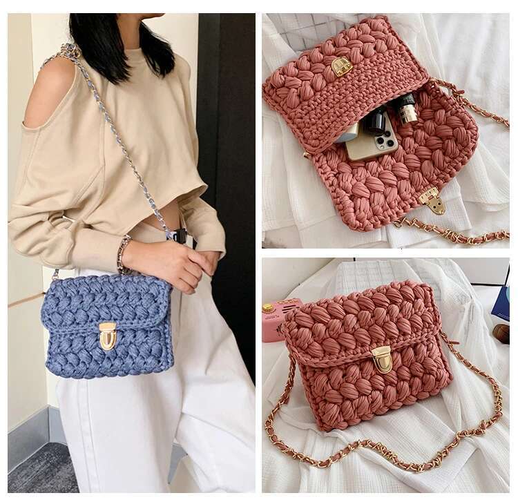 New Handmade Woven Women's Crossbody Thread Hook Knitted Shoulder Bag Colorful Strip Chains Bags For Women Small Purses