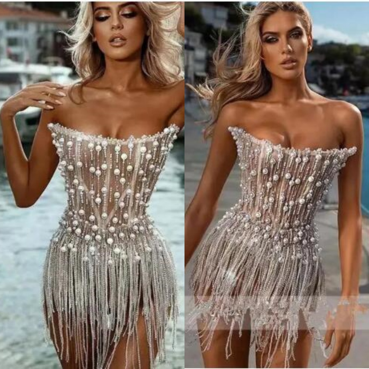 Sexy A Line Prom Dress Pearls Tassel Square Collar Sleeveless Evening Dresses Illusion Lace Above Knee Customized High Quality