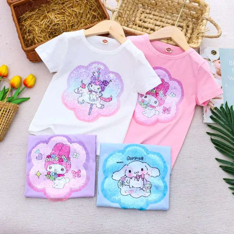 Ddmyshoesvip Girl Short Sleeve T Shirt Hello Kitty Girls Cotton Material T Shirt Multi Colored Cartoon Pattern Top