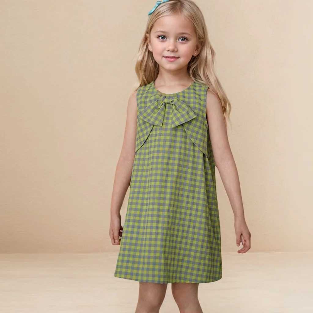 Summer Kids Babys Big Girls Dress Cotton Bow Sleeveless Plaid Toddler Girl Princess Dress Vacation Little Girl Vest Dress W250326