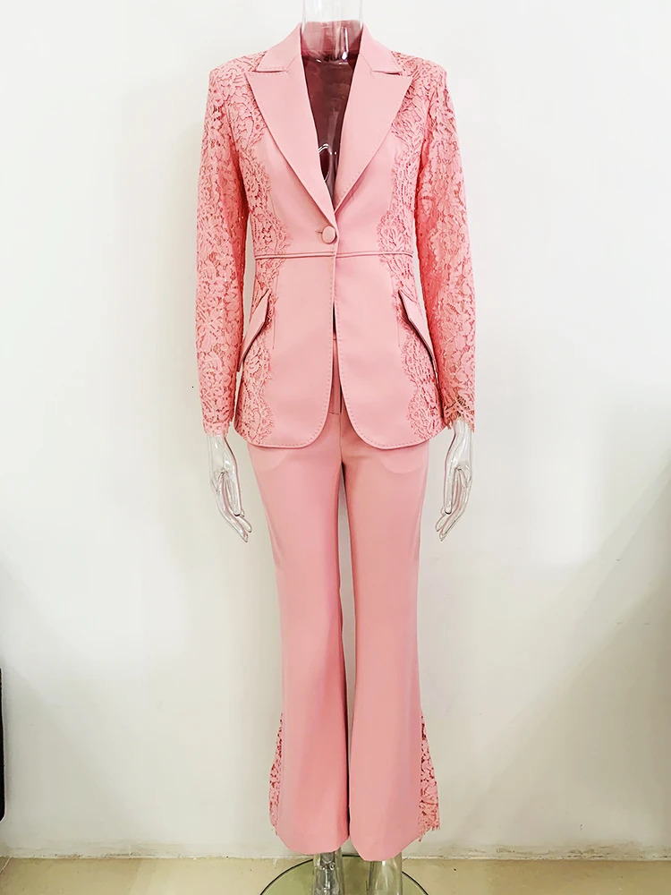 HIGH STREET Latest Runway ner Set Womens Lace Patch Work Order Button Jacket Flame Pants 2piece 250326