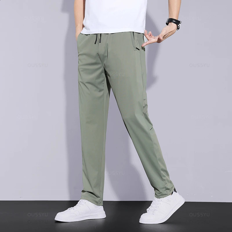 2024 Summer Mens Casual Pants Thin Soft Sports Zip Pocket Korea Grey Black Elasticity Lace-up Waist Jogging Work Trousers Male 250317