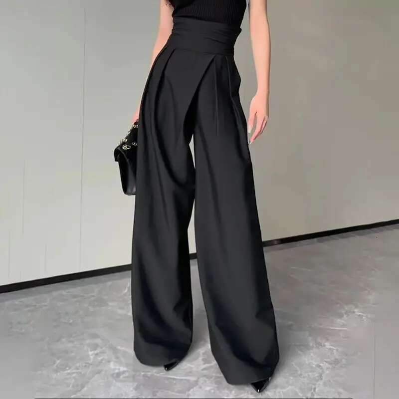2024 Black Design Wide-Leg Pants Women's Slimming Suit Pant Magic High Waist Loose Straight Drong Mopping Casual Trousers