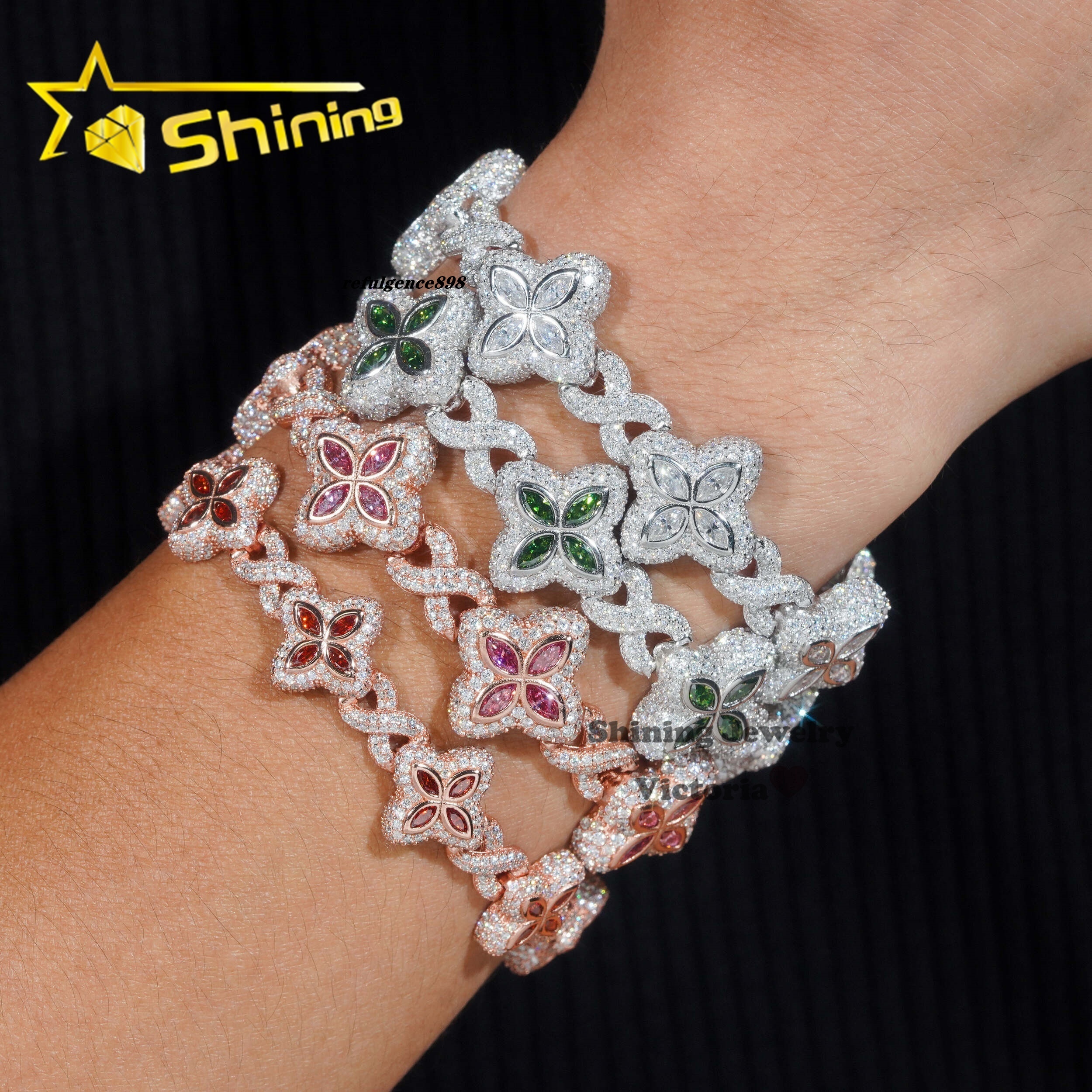 Shining Jewelry 2024 New Arrivals Fashion Jewelry 925 Sterling Silver Vvs Moissanite Diamond Four Leaf Clover Tennis Bracelet