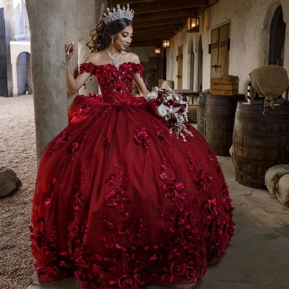 Burgundy Quinceanera Dresses Ball Gown Off The Shoulder Tulle Floral Pearls Sweet 16 Dresses 15 Anos Mexican Customized Vestidos De 15 Anos Girls 16