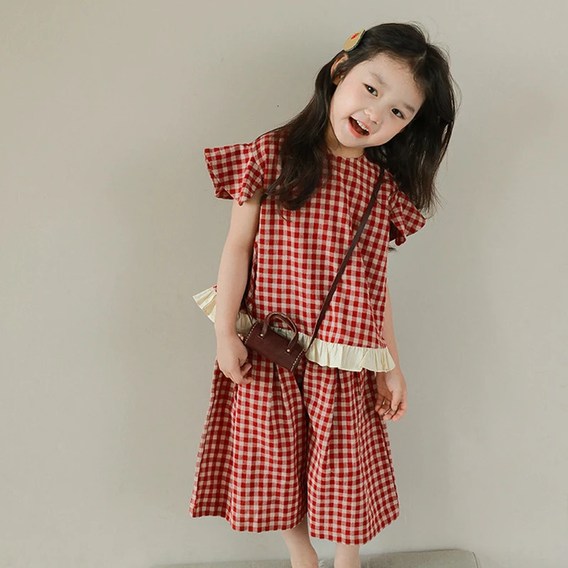 Summer Girls Plaid Set Personalized Small Flying Sleeve Short Sleeve Wide Leg Pants Fashion Clothes Suit 250326