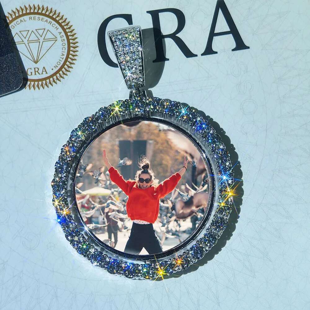 Custom Rotate Double Side Photo S925 Personalized Pendants VVS Moissanite Circle Picture Chain Bling Charm Necklaces Jewelry